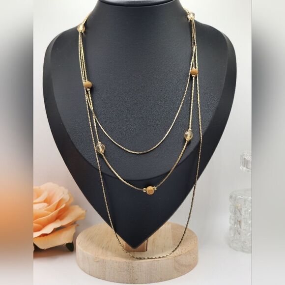 Vintage triple strand gold chain beaded necklace - Picture 3 of 5